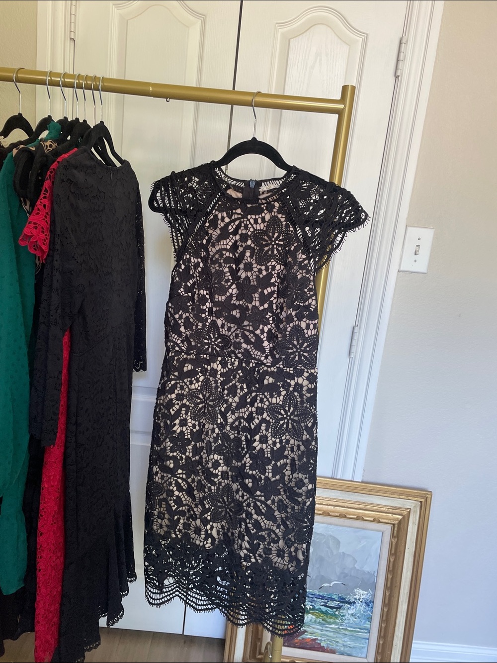 Main Strip Black Lace Midi Dress with Nude Lining